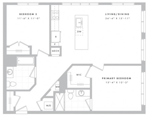 Floor plan for 2 beds, 2 baths, 1108 sqft